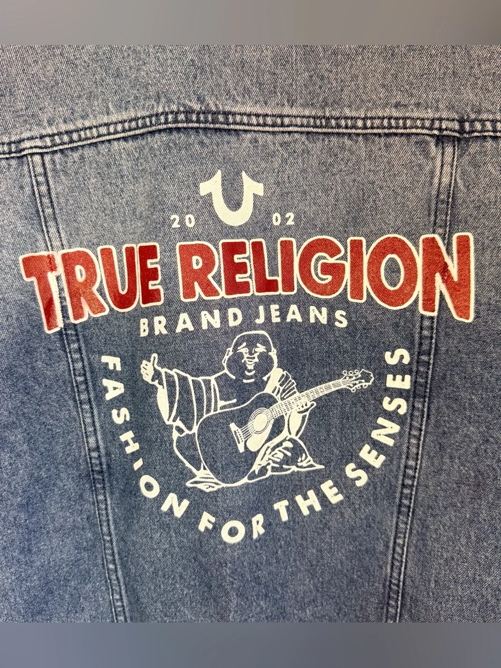 True Religion Men's Blue Denim Trucker Jacket with Red Stitching